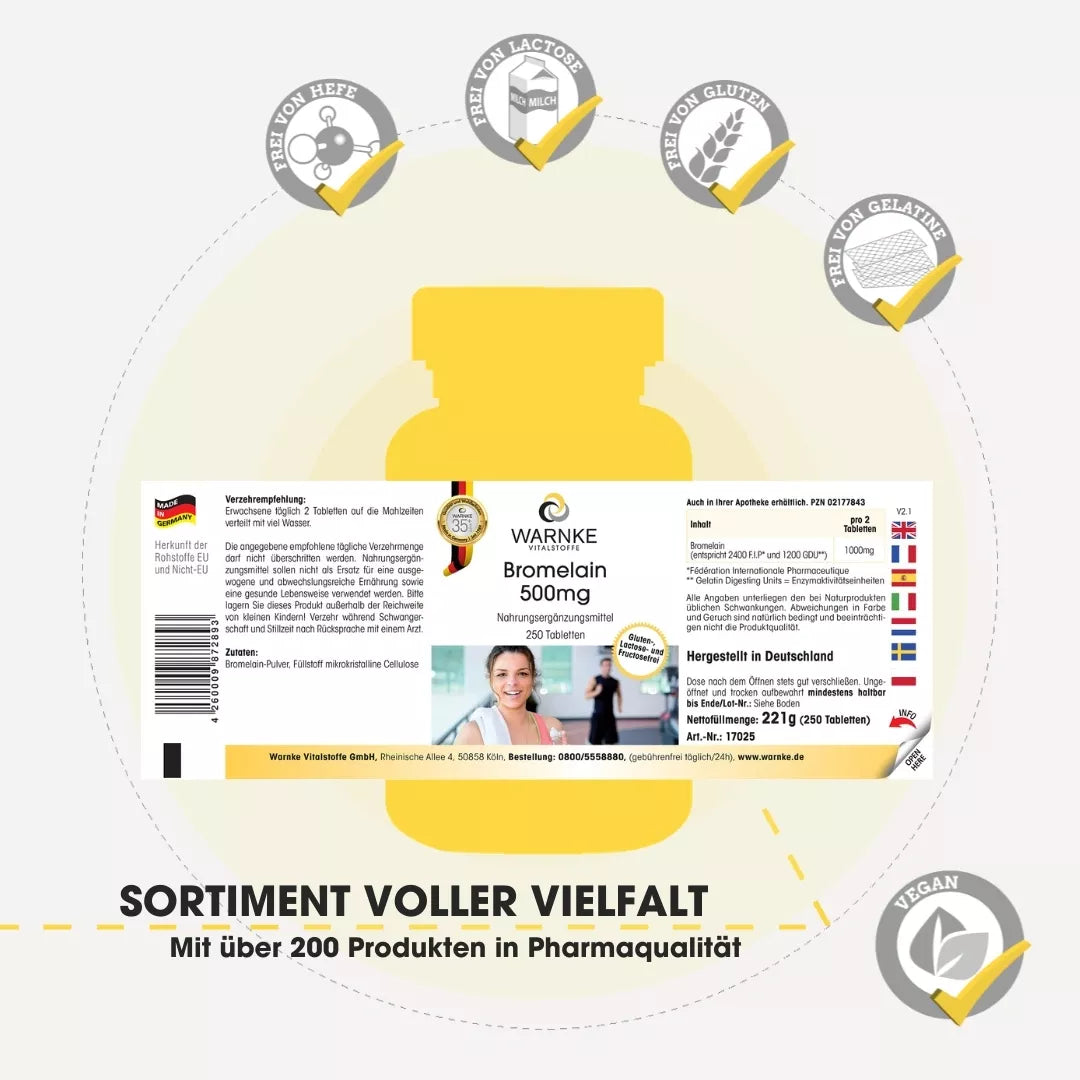 Bromelain 500 mg kosttilskudd i gult beger, 250 veganske tabletter med detaljer om ingredienser og bruksanvisning.