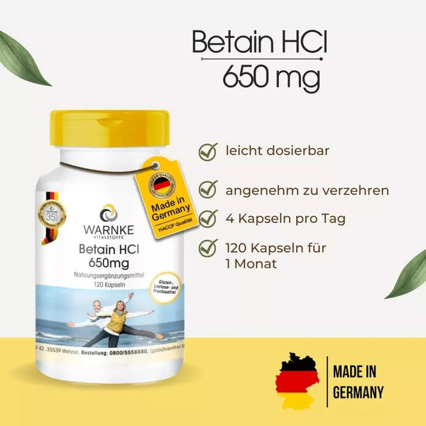Betaine HCl 650 mg kapsler i en hvit og gul boks med 120 kapsler, merket "Made in Germany.