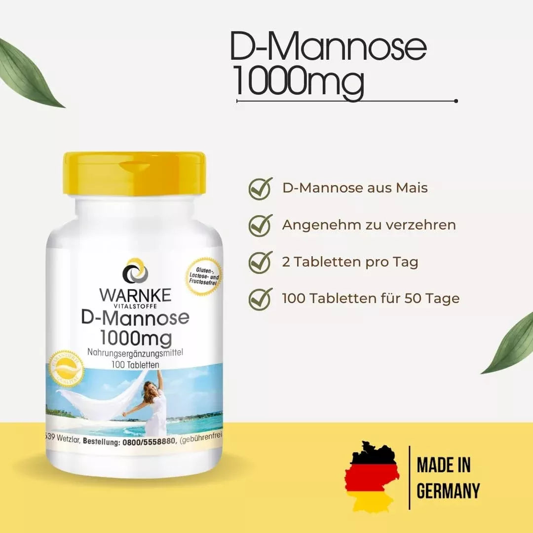 D-Mannose 1000 mg tabletflaske med lysegult låg. Indeholder 100 veganske tabletter.