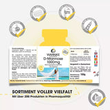 D-Mannose 1000 mg tabletter, vegansk emballage med beskrivelse og sundhedsikoner, gul baggrund. 100 tabletter.
