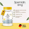 Spermidin 6 mg kapsler med gul kork, merking av tysk kvalitet og plantebasert innhold, 120 kapsler per flaske.