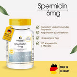 Spermidin 6 mg kapsler med gul kork, merking av tysk kvalitet og plantebasert innhold, 120 kapsler per flaske.