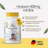 Hyaluron 500 mg with zinc in a white, plastic bottle with a yellow lid. Contains 100 film-coated tablets.