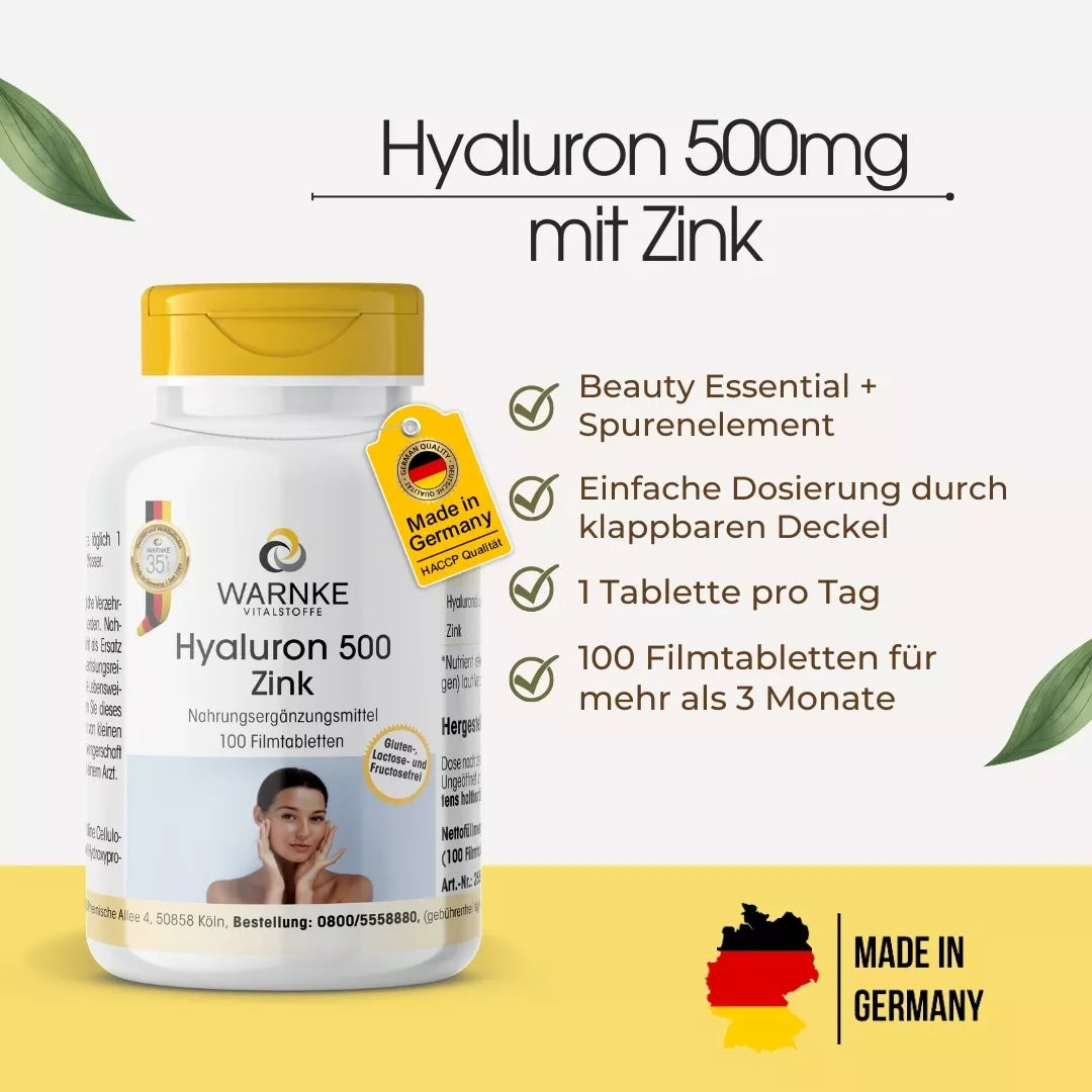 Hyaluron 500 mg with zinc in a white bottle with a yellow cap, 100 film-coated tablets.