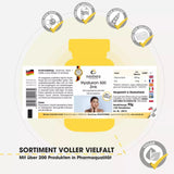 Hyaluron 500 + zinc tablets in a practical, yellow container with a label. 100 film-coated tablets, vegan.