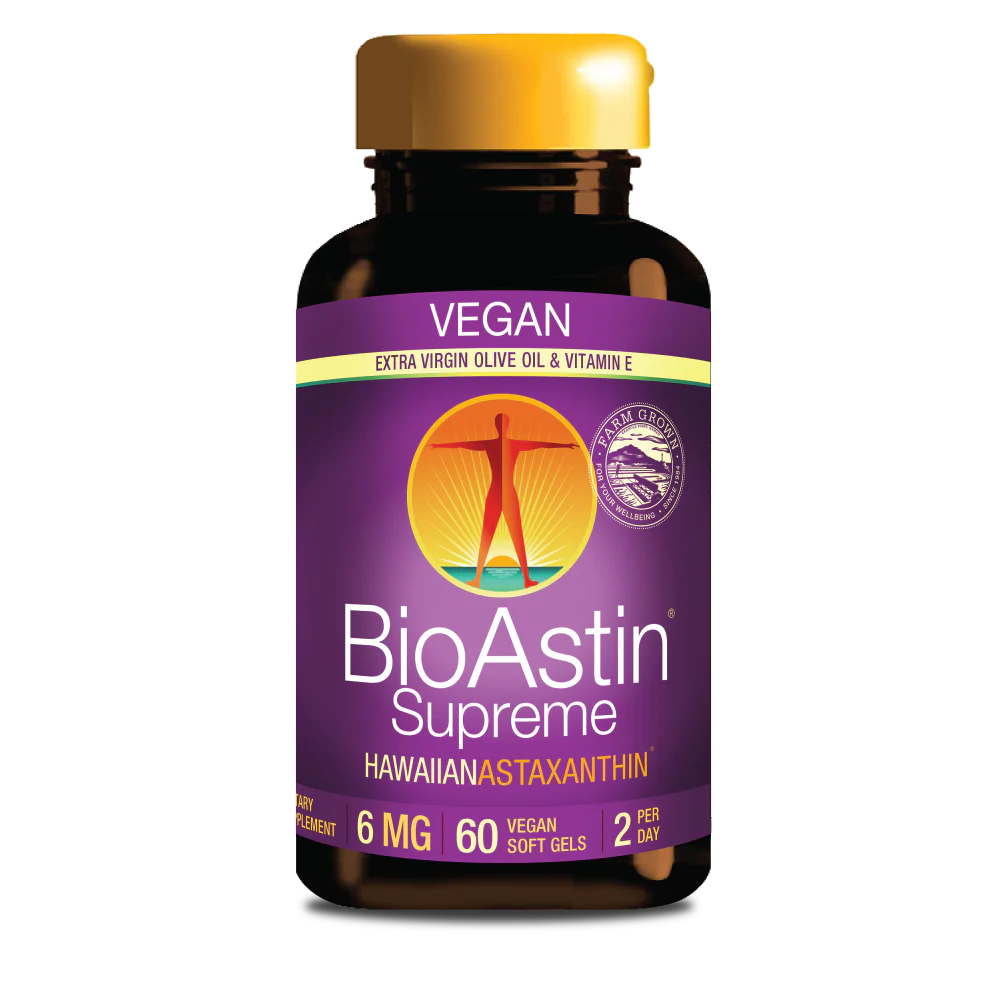 Le complément alimentaire BioAstin Supreme à 6 mg d'astaxanthine en flacon noir, végétalien et sans gluten, contient 60 gélules.