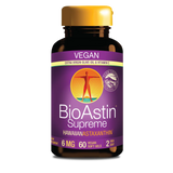 Le complément alimentaire BioAstin Supreme à 6 mg d'astaxanthine en flacon noir, végétalien et sans gluten, contient 60 gélules.
