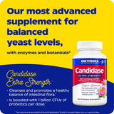 Candidase® Extra Strength in einer weißen Flasche mit rot-blauem Etikett mit Produktinformationen und Inhaltsstoffen.
