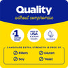 Qualitätskennzeichnung mit Text zu Candidase® Extra Strength, mit Symbolen für glutenfrei, sojafrei und ohne Füllstoffe.