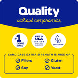 Qualitätskennzeichnung mit Text zu Candidase® Extra Strength, mit Symbolen für glutenfrei, sojafrei und ohne Füllstoffe.