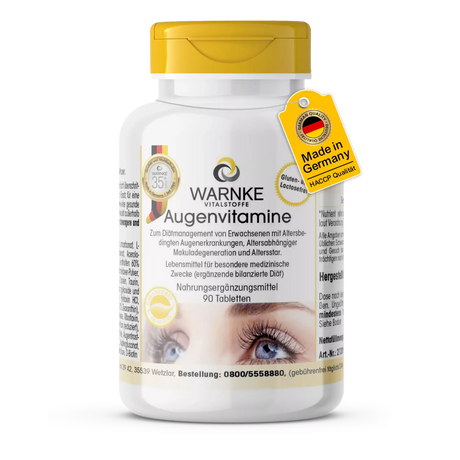 Øjenvitaminer i hvid beholder med gult låg, 90 tabletter, mærket gluten- og laktosefri.