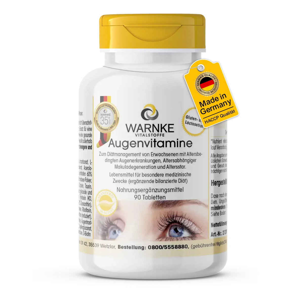 Vitaminer til øjnene i en hvid flaske med gul låg, indeholdende 90 tabletter, med et billede af øjnene på etiketten.