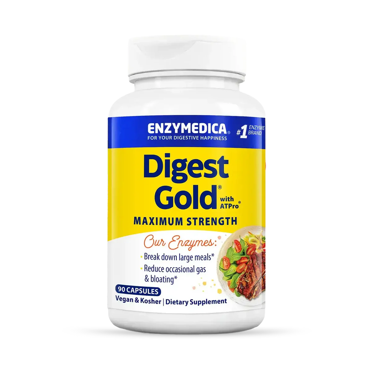 Digest Gold® mit ATPro® im weißen Behälter, gelb-blaues Design, enthält 90 pflanzliche Kapseln.