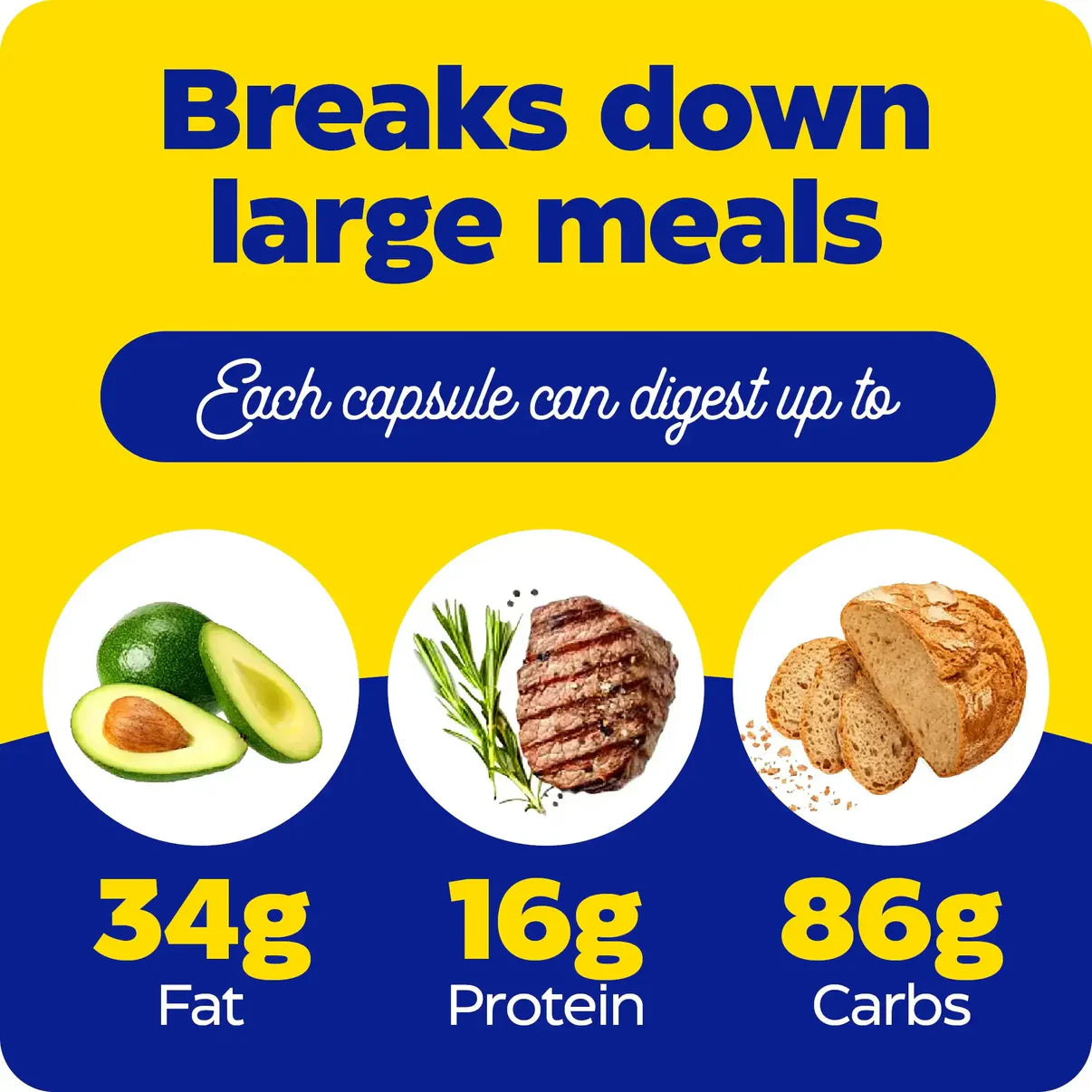 Die Kapsel kann 34 g Fett, 16 g Protein und 86 g Kohlenhydrate aus großen Mahlzeiten abbauen.