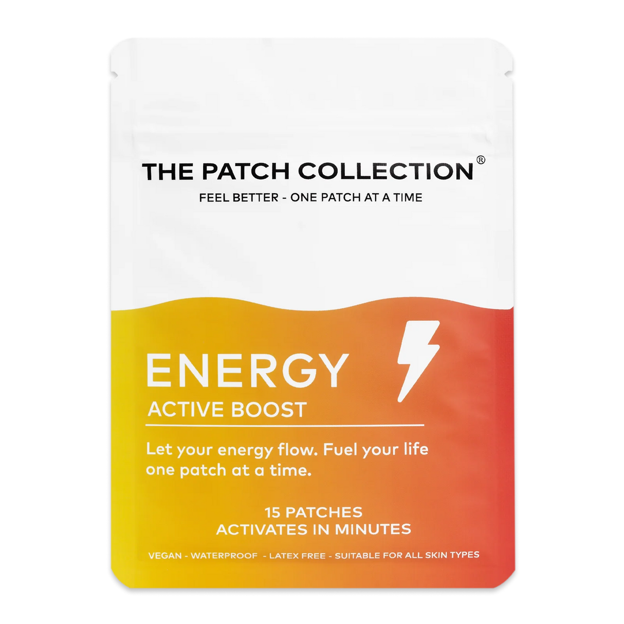 Wellness patchpakken fra The Patch Collection i klare farver, med teksten "ENERGY ACTIVE BOOST" og 15 plastre.