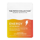 Wellness patchpakken fra The Patch Collection i klare farver, med teksten "ENERGY ACTIVE BOOST" og 15 plastre.