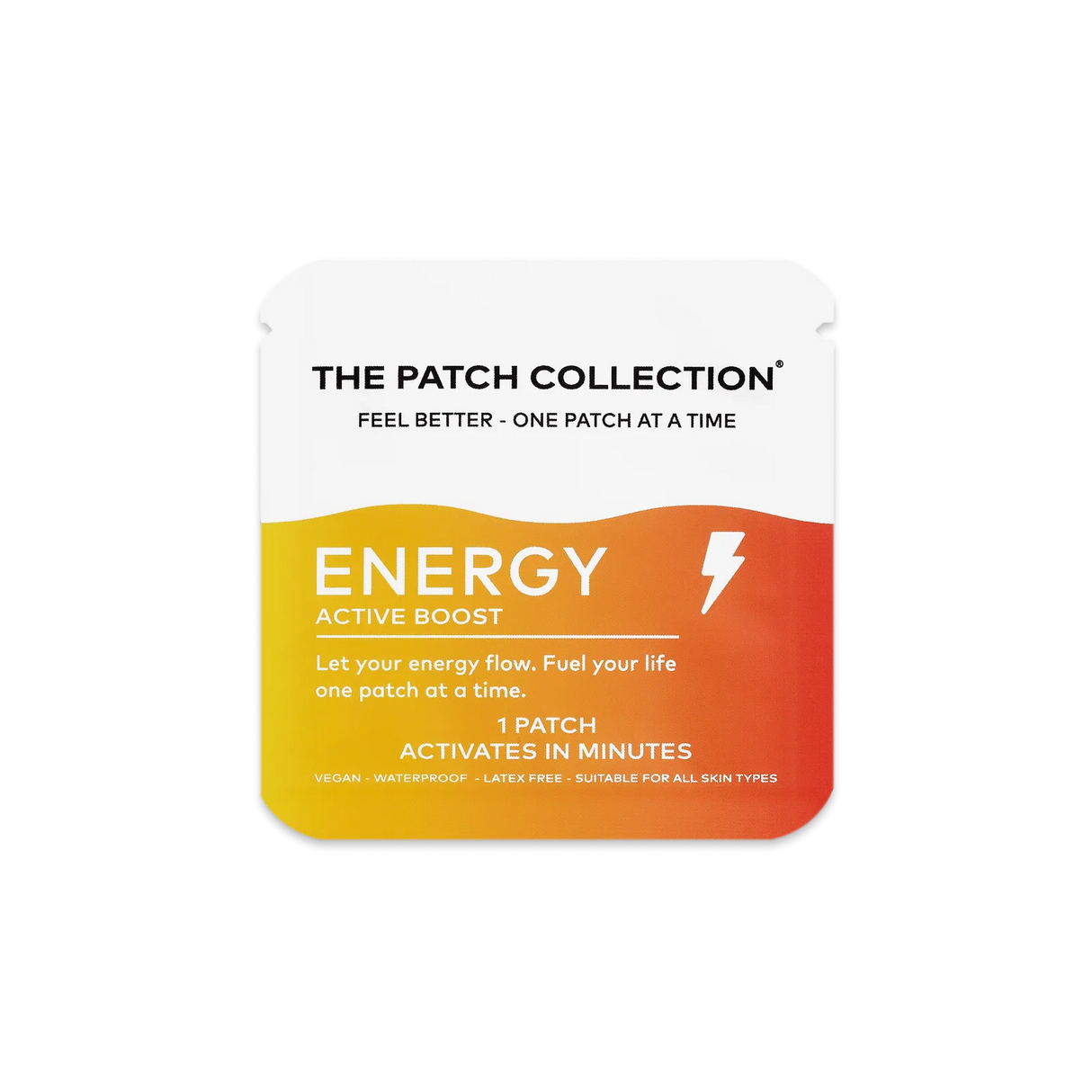Livligt farvet pakke med wellnessplaster. Teksten "ENERGY ACTIVE BOOST" er fremhævet. Vegansk og vandafvisende.