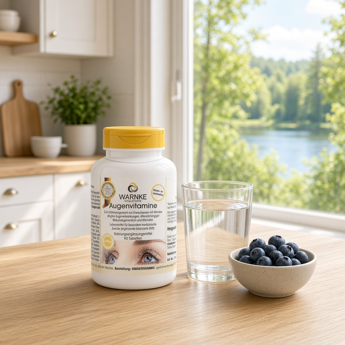Øjenvitaminer i en hvid plastikflaske med gult låg, placeret på et træfad ved siden af ​​et glas vand og en skål blåbær.