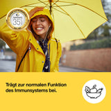 Kvinne i gul regnjakke og gule hodetelefoner, smilende under et gult paraply.