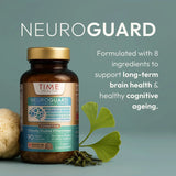 NeuroGuard - Kognitiivinen kompleksi, jossa on 90 vegaanista kapselia ruskeassa pullossa, jossa on leijonanharjasieni ja ginkgo-lehtiä.