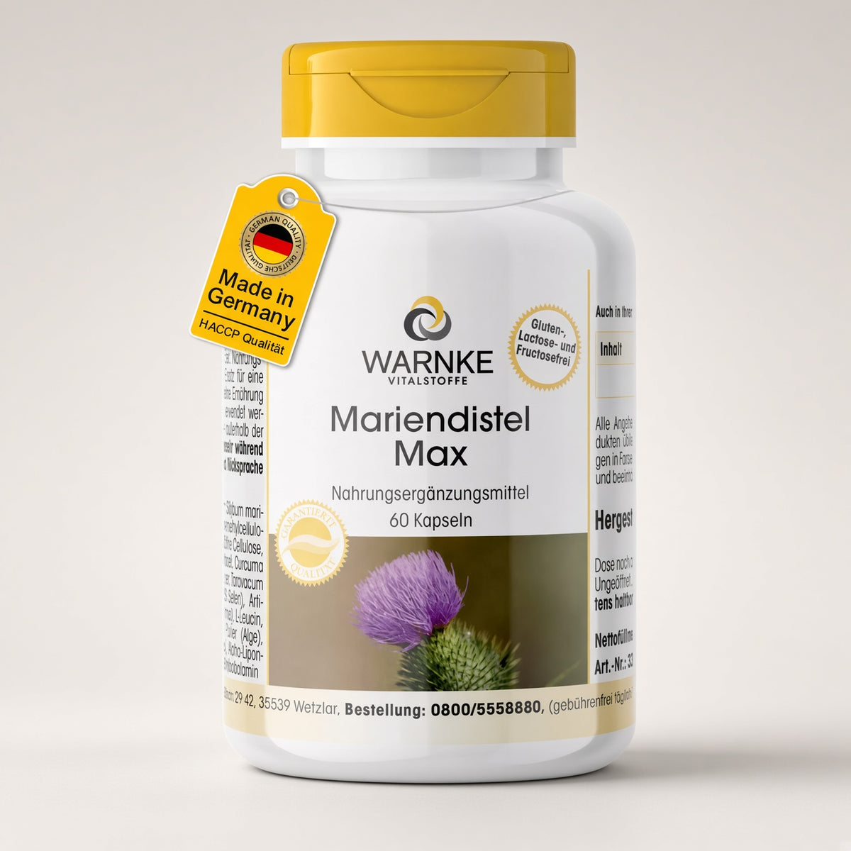 Chardon-Marie Max – 60 gélules dans un flacon blanc et jaune avec des illustrations de fleurs violettes. 100 % végétalien et hypoallergénique.