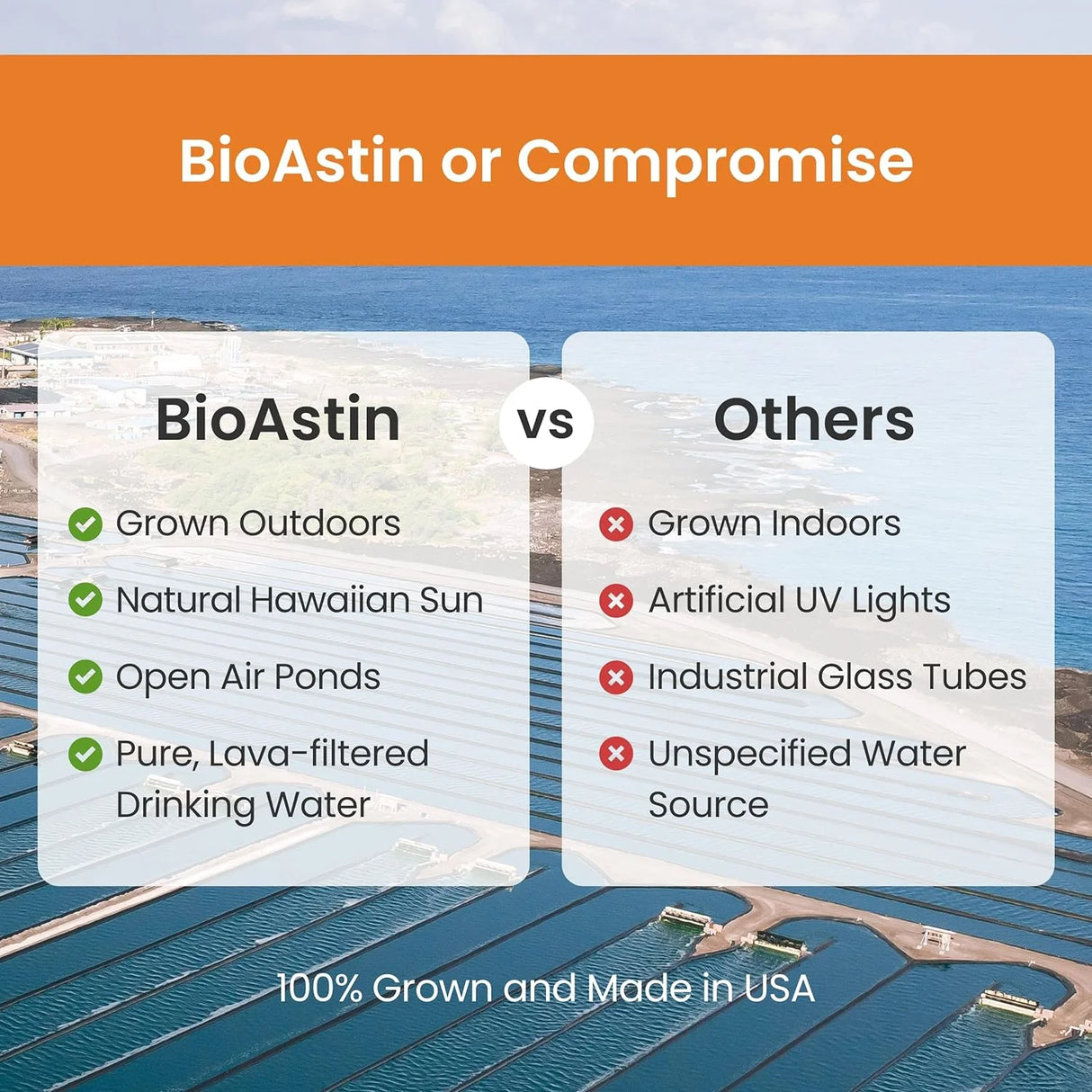 Astaxanthine BioAstin Supreme, gélules végétaliennes, cultivées en extérieur à Hawaï, avec de l'eau claire et la lumière naturelle du soleil.