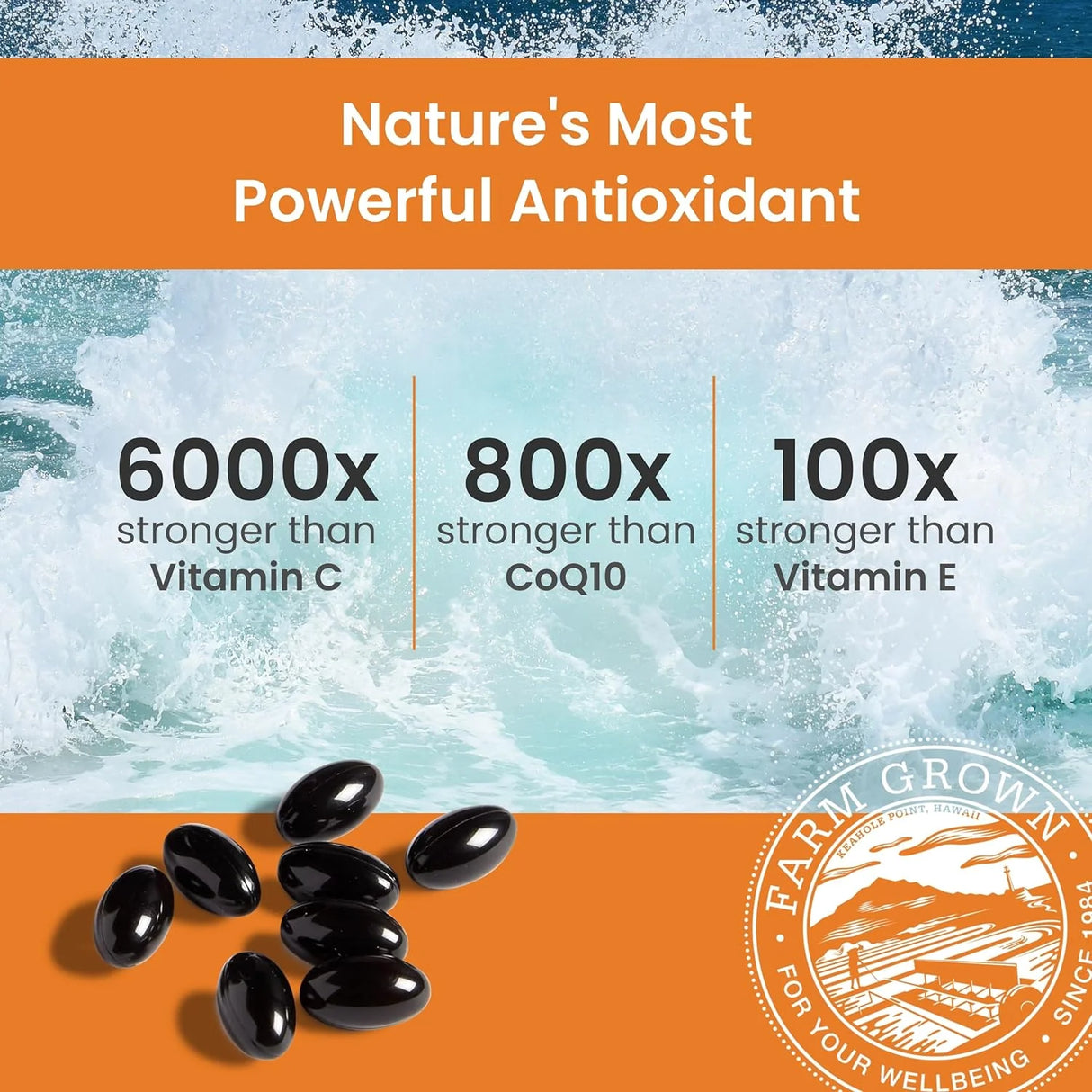 Gélules végétaliennes noires d'astaxanthine sur fond marin, équivalant à 6 mg d'astaxanthine par capsule, 60 capsules par flacon.