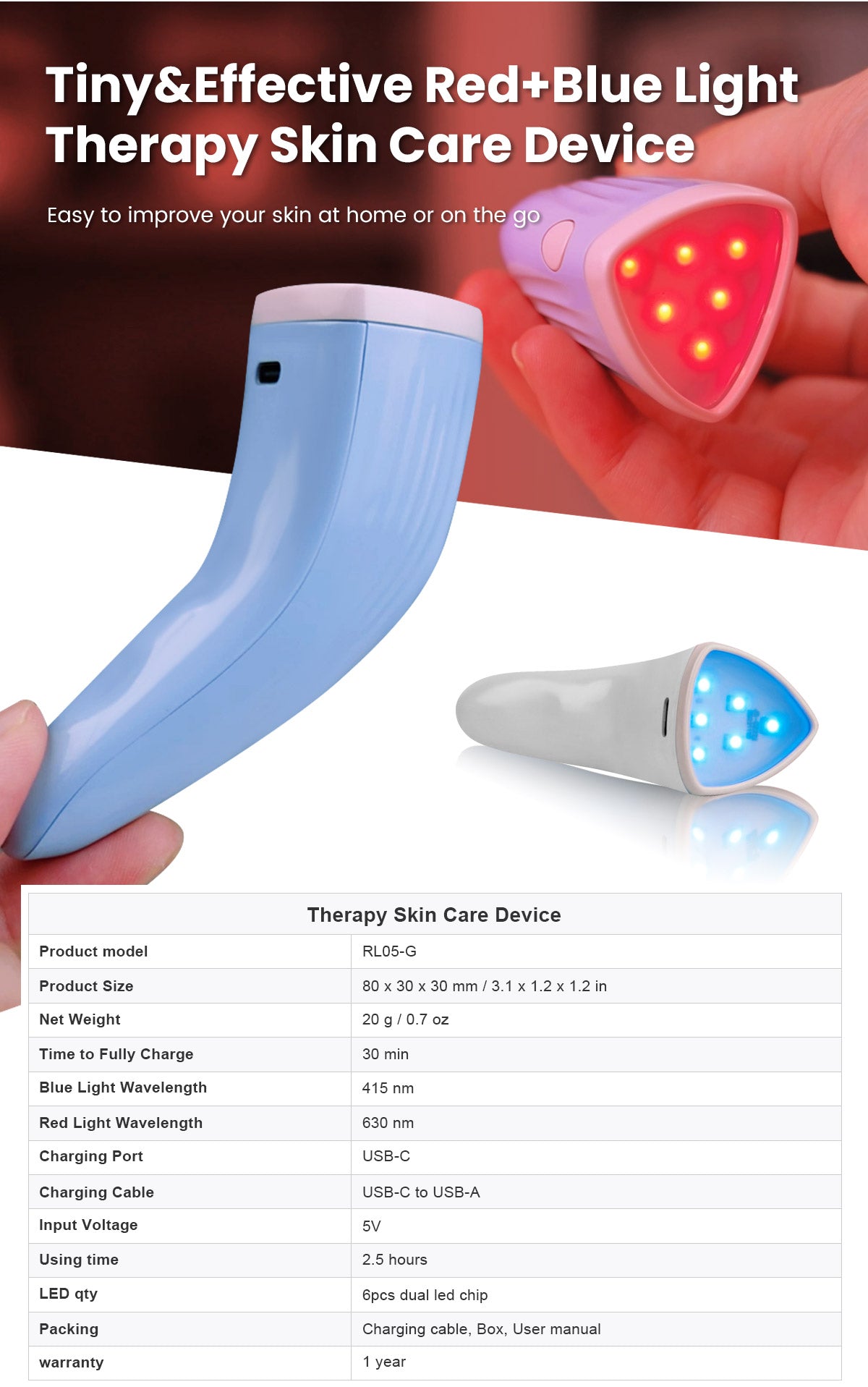 UNO Vita Beauty Red e Blue Light Terapia Dispositivo de cuidados com a pele