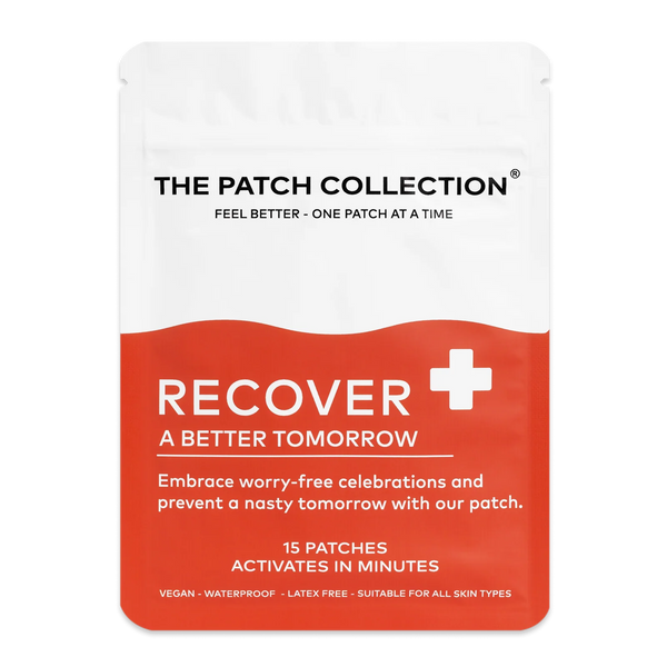 Red and white package with the text "Recover" and "15 plasters" clearly designed, indicating the product type and properties.