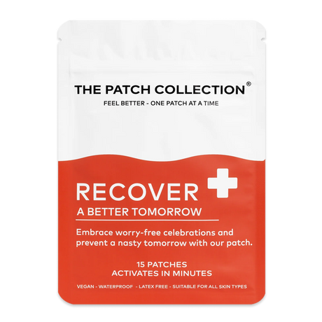 Red and white package with the text "Recover" and "15 plasters" clearly designed, indicating the product type and properties.
