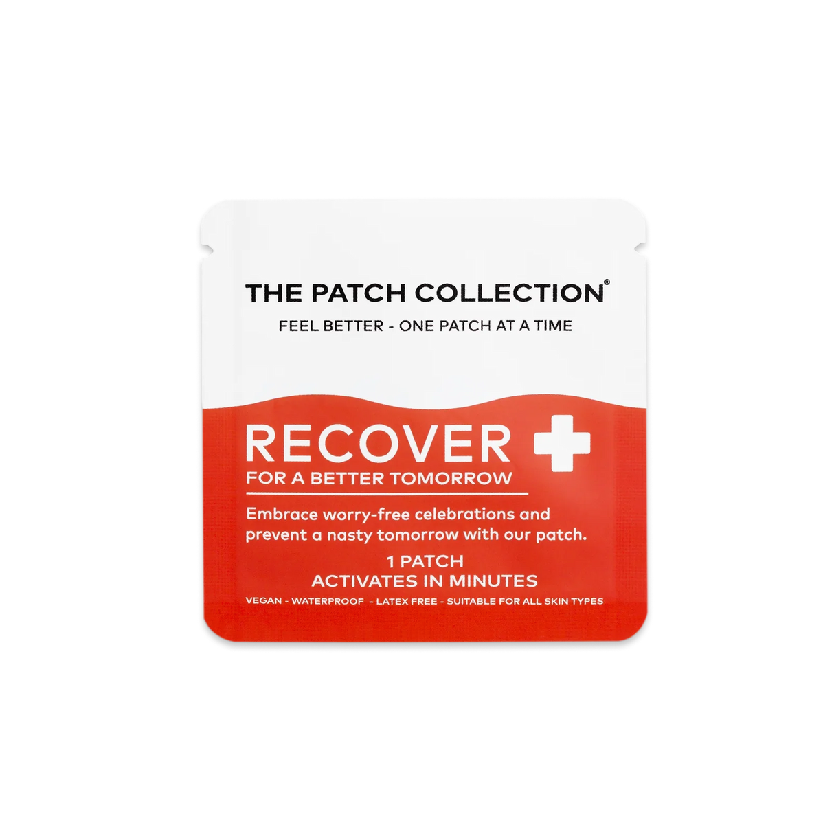 Compact packaging with 15 Recover Patches, white and red design, contains information about vegan and water resistance.