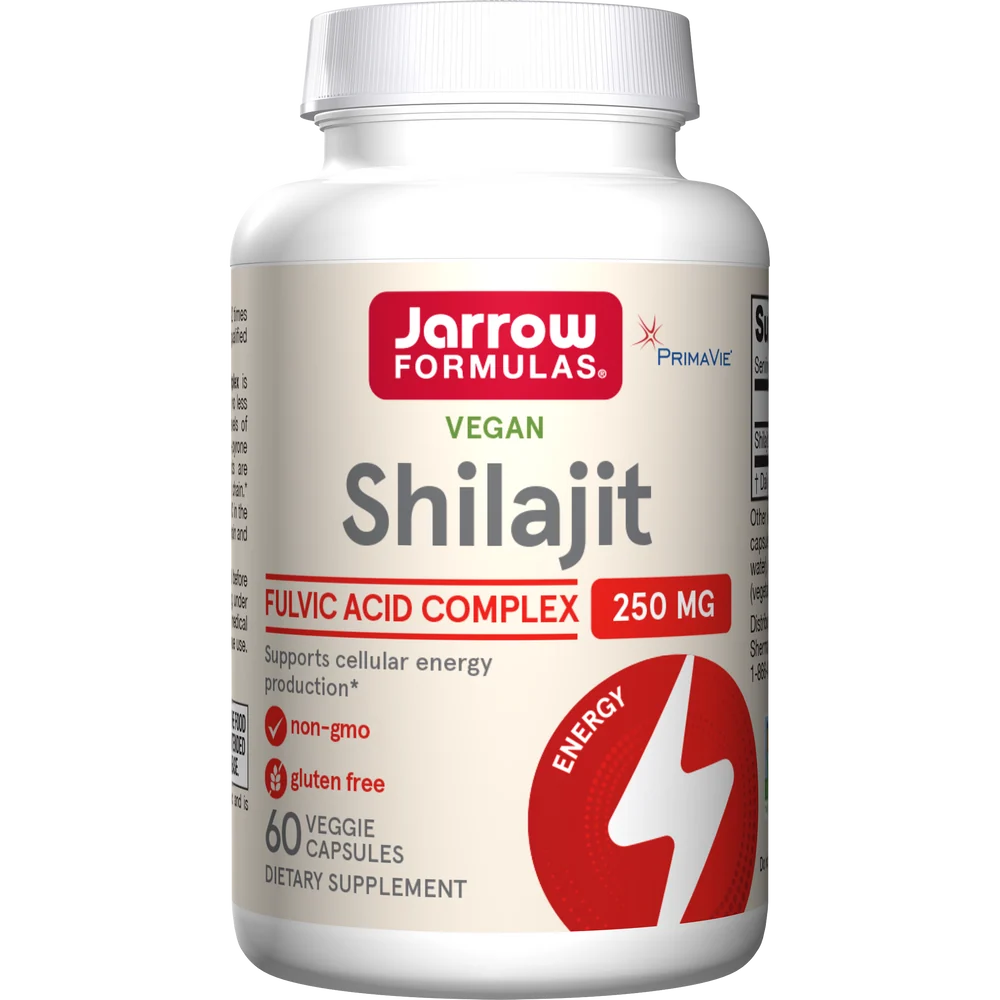 Vegan Shilajit Fulvic Acid Complex, cápsula blanca, frasco liso con texto en rojo y verde, 60 cápsulas veganas.