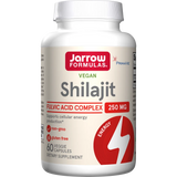 Vegan Shilajit Fulvic Acid Complex, cápsula blanca, frasco liso con texto en rojo y verde, 60 cápsulas veganas.