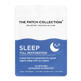 The Patch Collection Sleep Patches, confezione bianca e blu con testo sul sonno e 15 cerotti. Resistente all'acqua e vegano.