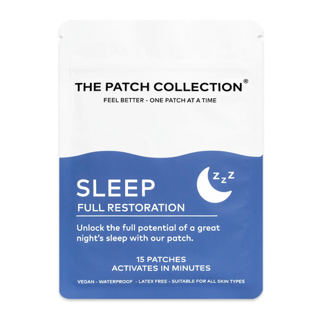 The Patch Collection Sleep Patches, white and blue packaging with text about sleep and 15 patches. Water resistant and vegan.