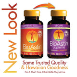 BioAstin Supreme Astaxanthine, deux flacons de 60 gélules végétaliennes, étiquette orange et violette détaillant les ingrédients.