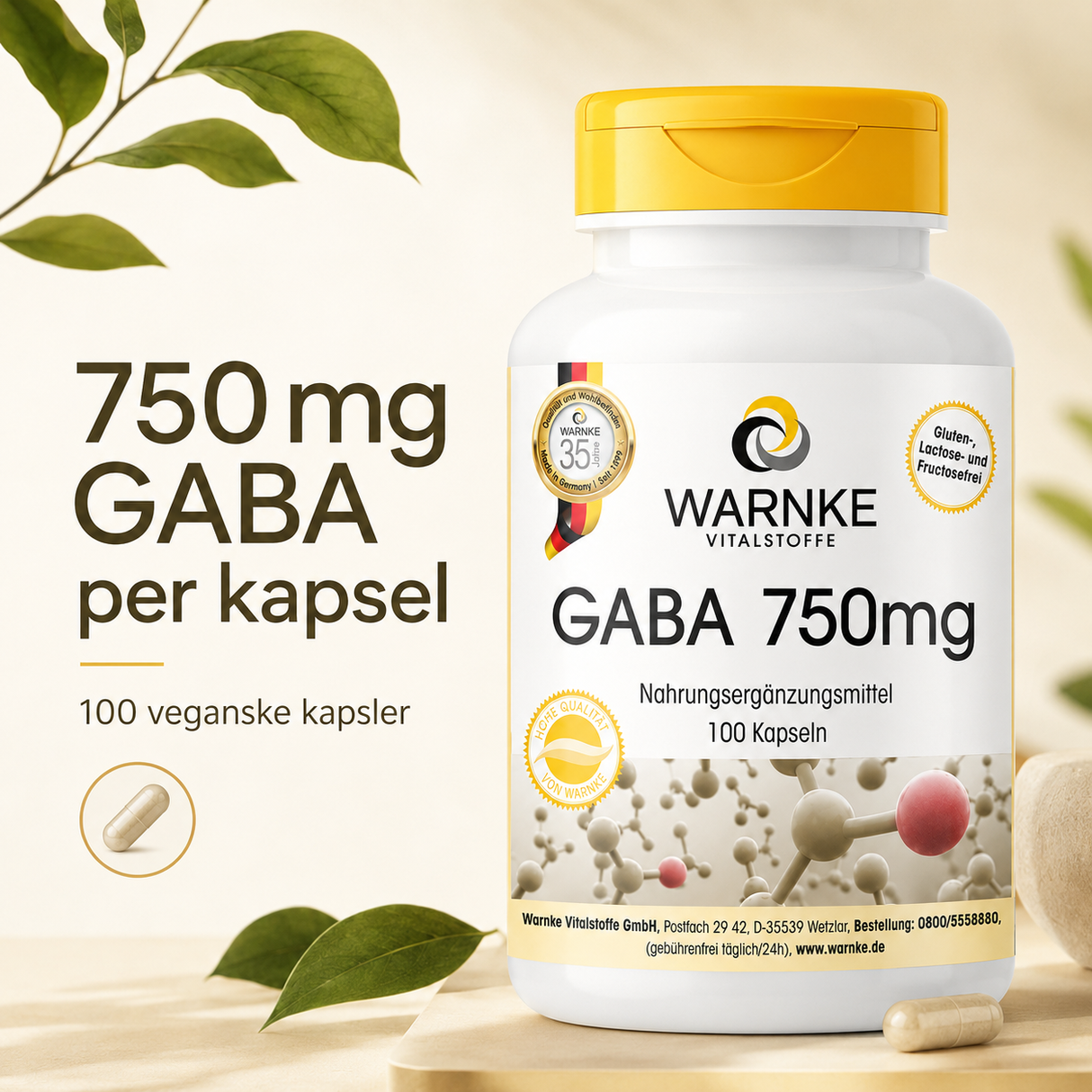 GABA 750 mg kapsler i en hvit beholder med gulttopp, med 100 veganske kapsler synlig i nærbilde.