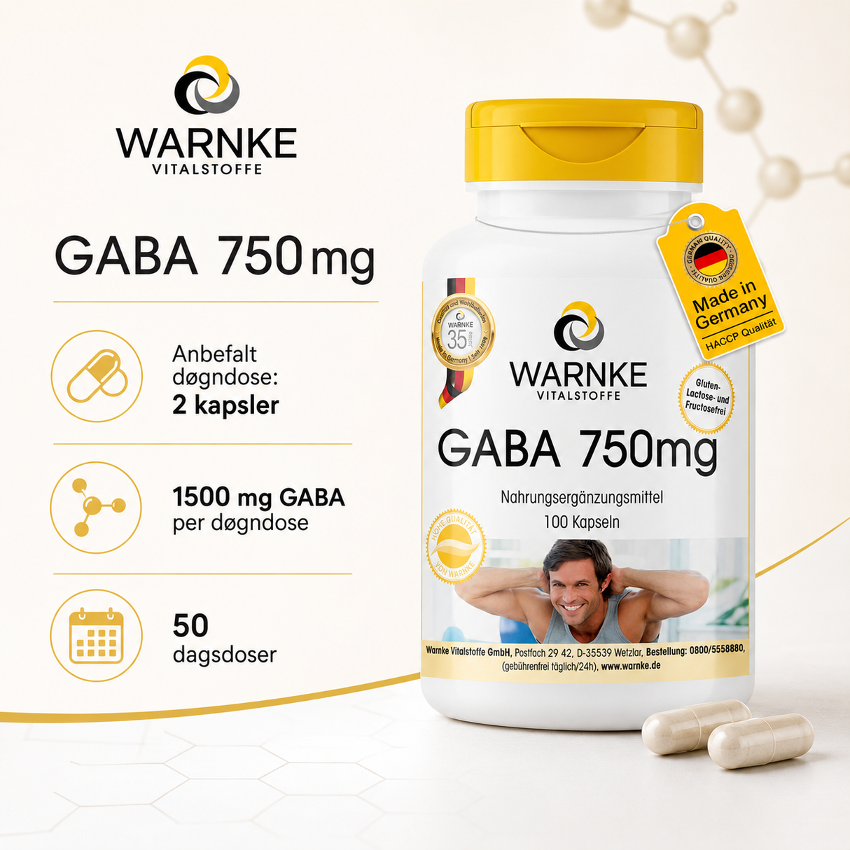 GABA 750 mg kapsler i hvit emballasje med gult lokk, inneholder 100 kapsler merket med veganske ikoner.