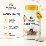 GABA 750 mg kapsler i hvit emballasje med gult lokk, inneholder 100 kapsler merket med veganske ikoner.