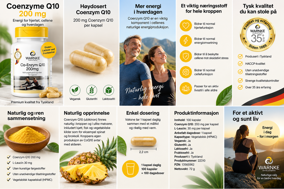 Høydoserte, veganske kapsler med 200 mg koenzym Q10, i smart emballasje med praktisk vippelokk.