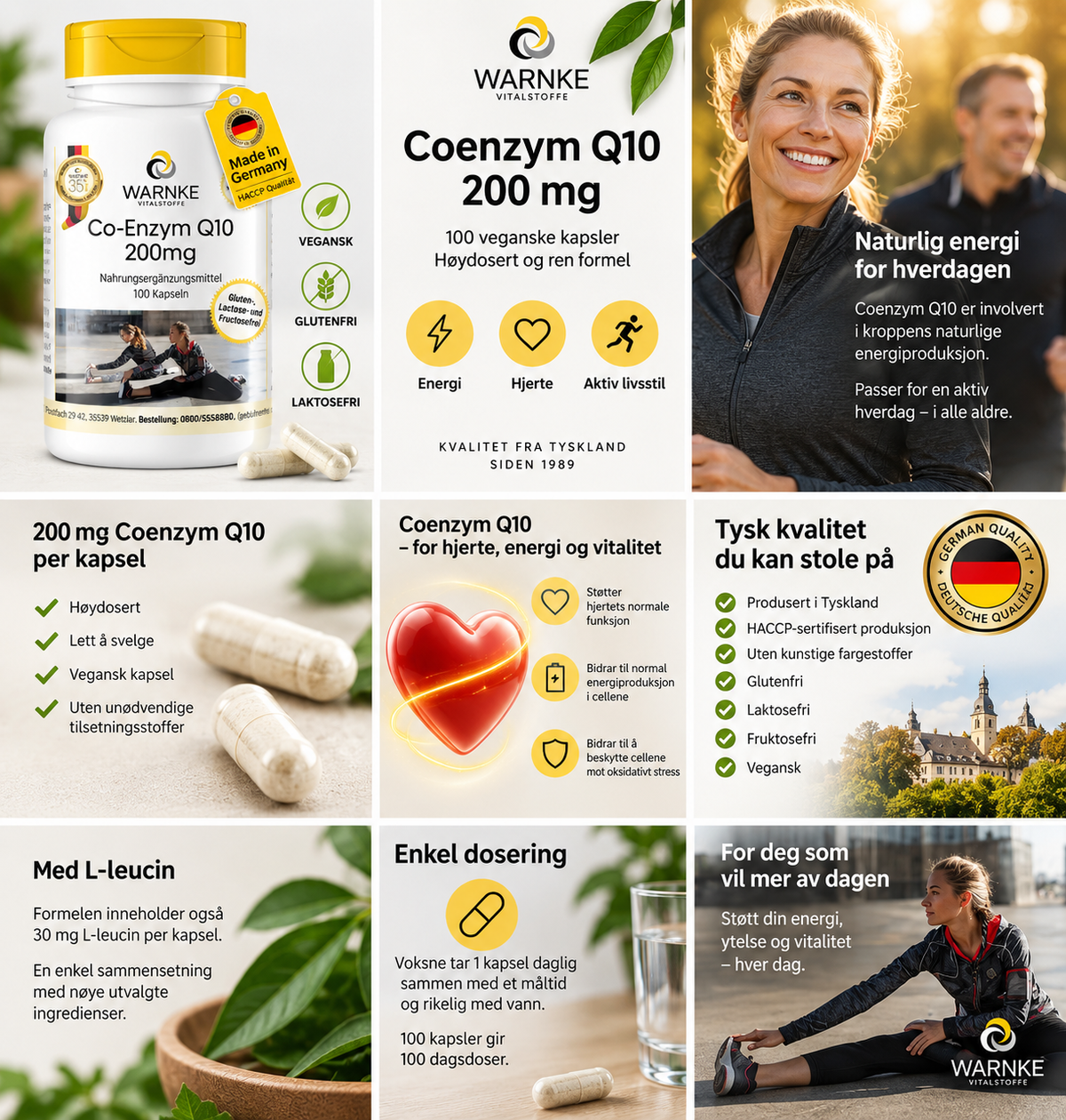 Koenzym Q10 200 mg kapsler i en hvit beholder med gul lokk, inneholder 100 veganske kapsler, små og avlang form.