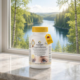 Øjenvitaminer fra Warnke Vitalstoffe i hvid beholder med gult låg, indeholdende 90 tabletter. Visuelt placeret foran et vindue med udsigt.
