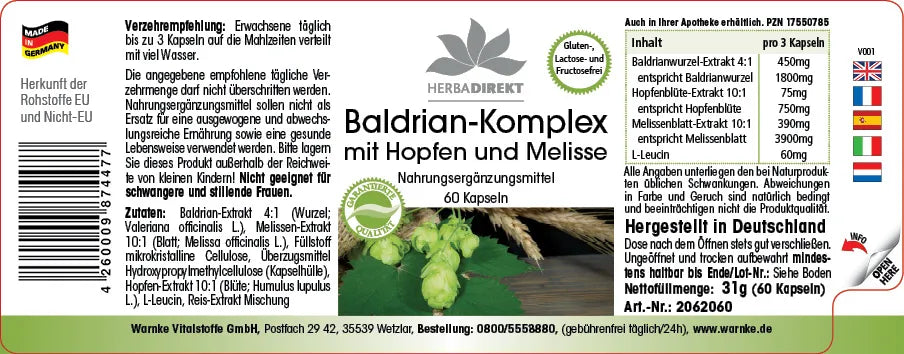 Baldrian Kompleks med humle og sitronmelisse, 60 veganske kapsler i en praktisk pakke.