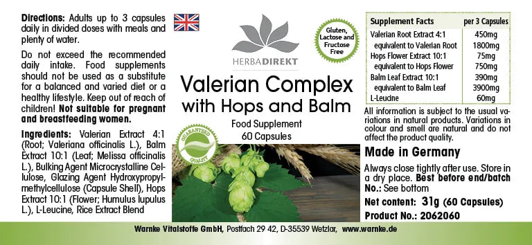 Baldrian Complex med humle og sitronmelisse, 60 veganske kapsler. Grønn etikett med urter og kapsler illustrert.