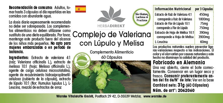 Baldrian Complex med humle og sitronmelisse, 60 veganske kapsler i en hvit og grønn emballasje.