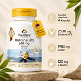 Integratore alimentare di Betaina HCl 650 mg, contenitore bianco con coperchio giallo, contiene 120 capsule vegane.