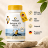 Capsule di betaina HCl da 650 mg in contenitore bianco con tappo giallo, etichetta vegana, prodotta in Germania con 120 capsule.