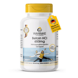 Il contenitore per capsule con coperchio giallo, etichettato "Betaina HCI 650 mg", contiene 120 capsule vegane.