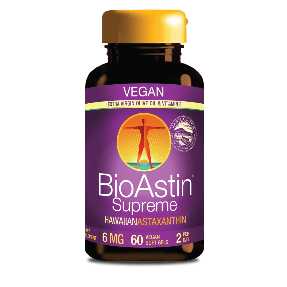 BioAstin Supreme kosttillskott med 6 mg astaxanthin i svart flaska, veganskt och glutenfritt, innehåller 60 softgels.