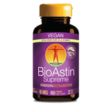 BioAstin Supreme kosttillskott med 6 mg astaxanthin i svart flaska, veganskt och glutenfritt, innehåller 60 softgels.